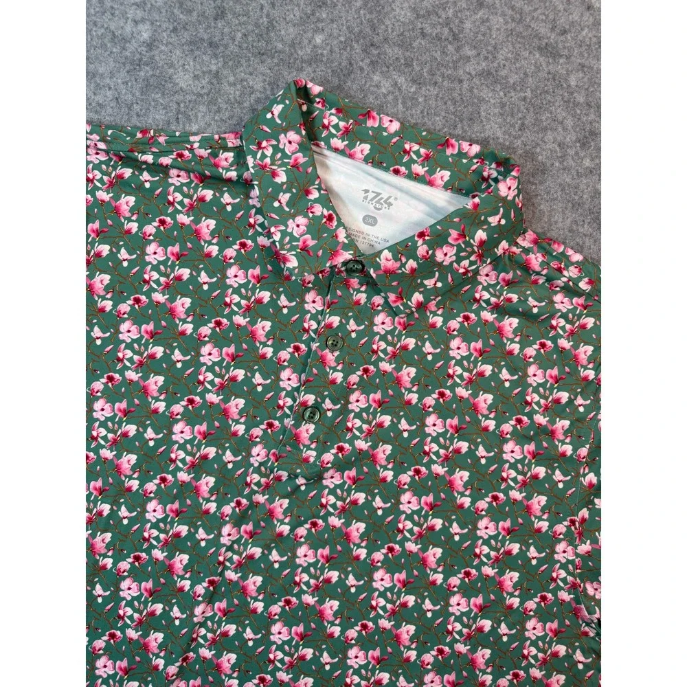774 Signature Mens 2XL‎ Green Pink Floral Cherry Blossom Golf Performance Polo